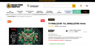 TV 65" TCL 65MQLED75K (2025) - QD-Mini-Led, 144 Hz, Traitement 240Hz (DLG), AI HDR, Smart TV (via 15% en reprise d'une ancienne TV) à 699€