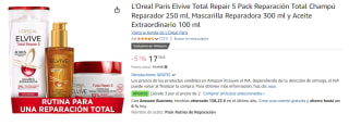 3 Unidades de L'Oreal Paris Elvive Total Repair 5 Pack Reparación Total Champú Reparador 250 ml, Mascarilla Reparadora 300 ml y Aceite Extraordinario 100 ml por 33.3€