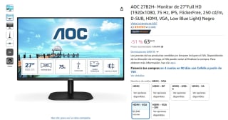 Monitor AOC 27B2H 27" Full HD 1920x1080, 75 Hz, IPS por 63,50€