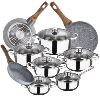 Bateria de cocina 12 piezas SAN IGNACIO Cassel en acero inoxidable con juego de sartenes (22/26/28 cm) SAN IGNACIO Daimiel en aluminio forjado por 39.95€