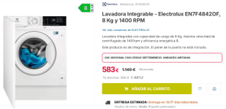 Lavadora Integrable - Electrolux EN7F4842OF, 8 Kg y 1400 RPM por 563€