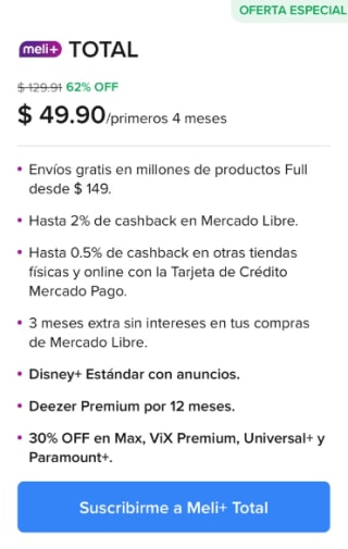 Meli+ Total con Disney por $50 (4 meses)