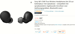Sony WF-C500 - Volledig draadloze oordopjes voor €49 bij Amazon
