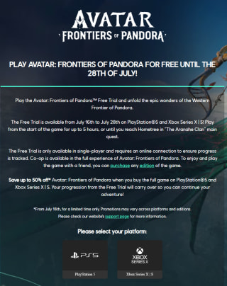Gratis game Avatar: Frontiers of Pandora voor PS5 en Xbox Series X/S via Ubisoft