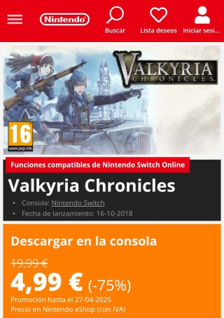 Valkyria Chronicles Nintendo Switch por 4,99€.