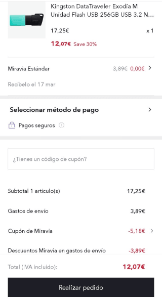 Kingston DataTraveler Pendrive 256GB por 12,07€.