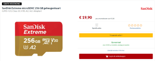 SanDisk Extreme microSDXC 256 GB geheugenkaart incl. adapter voor €19,90 bij Alternate