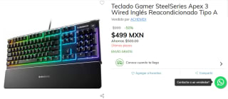 Teclado SteelSeries Apex 3 Wired Reacondicionado por $499 en Claro Shop