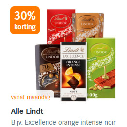 30% korting op Alle Lindt chocolade bij de AH
