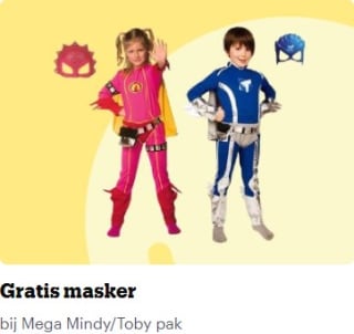 Gratis masker bij aankoop van Mega Mindy of Mega Toby verkleedpak bij Bol.