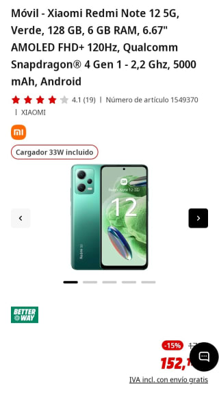 Xiaomi Redmi Note 12 5G 6/128GB por 152,15€.