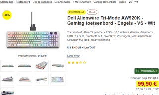 Alienware AW920K RF Draadloos Wit toetsenbord voor €99,90 bij Proshop
