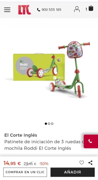 Patinete de iniciación de 3 ruedas con mochila Roddi El Corte Inglés pir 14,95€.