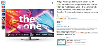 TV LED 50" Philips Ambilight The One 50PUS8919 UHD 4K, Dolby Vision y Dolby Atmos por 476,10€
