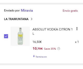 Absolut Vodka Citron 1 Litro por 10,75€.
