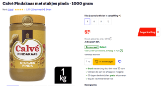 1kg Calvé Pindakaas met stukjes pinda voor €5,51 bij Bol
