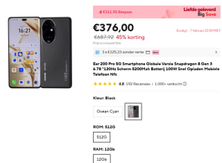 Honor 200 Pro 12GB/512GB Zwart voor €376 bij Aliexpress