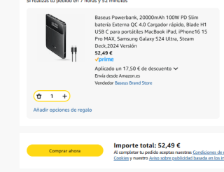 Baseus Powerbank, 20000mAh 100W PD Slim batería Externa QC 4.0 Cargador rápido por 52,49€