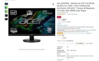 Monitor de 23,8" Full HD marca Acer modelo K242HQL por 89,99€
