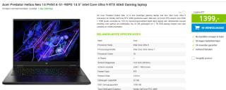 Acer Predator Helios Neo 14 PHN14-51-90PD 14.5" Intel Core Ultra 9 RTX 4060 Gaming laptop voor €1399 bij Megekko