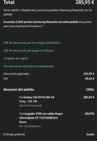 Samsung Galaxy Tab S9 FE 6-128GB + Cargador 25W por 285,95€