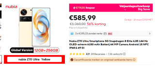 Nubia Z70 ultra 12GB/256GB Gold voor €585 bij Aliexpress