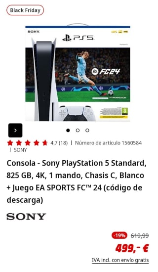 Consola - Sony PlayStation 5 Standard, 825 GB, 4K, 1 mando, Chasis C, Blanco + Juego EA SPORTS FC™ 24 (código de descarga) por 499€.