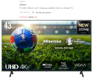TV LED 43" - Hisense 43A6N, UHD 4K, Smart TV, HDR 10+, Dolby Vision, Control por Voz, Modo Juego, IA por 271.2€