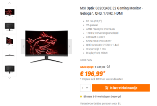 MSI G32CQ4DE E2 computer monitor 80 cm (31.5") voor €196,99 bij Nbb