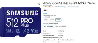 SAMSUNG PRO Plus 512GB microSDXC (MB-MD512KA) met Adapter voor €39,99 bij Amazon