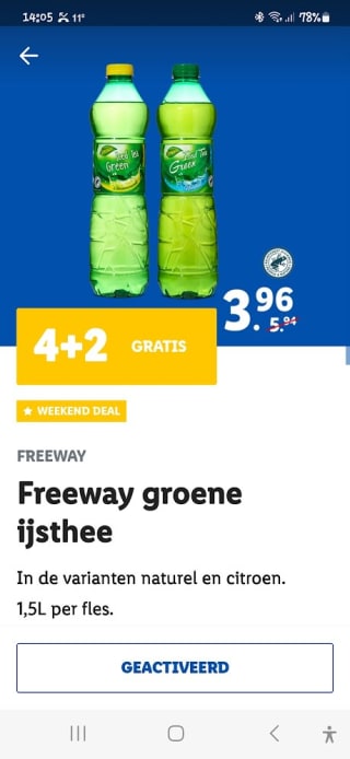 4+2 gratis op Freeway groene icetea bij de Lidl