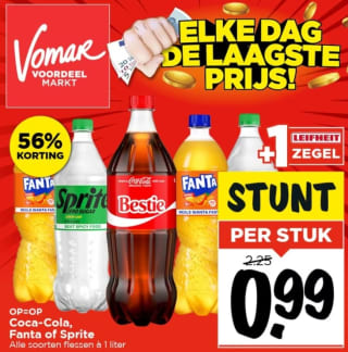 Coca Cola, Sprite en Fanta 1 liter voor € 0,99 bij Vomar