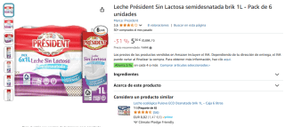 6 Brik Leche semidesnatada Président sin lactosa 1L por 5,30€
