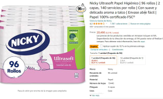 Nicky Ultrasoft Papel Higiénico 96 rollos 2 capas por 13,98€