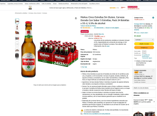 Pack 24 Botellas x 33 cl Mahou Cinco Estrellas Sin Gluten por 19,49€