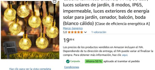 Cadena luminosa exterior, 11 m, 60 LED, luces solares de jardín por 9,99€