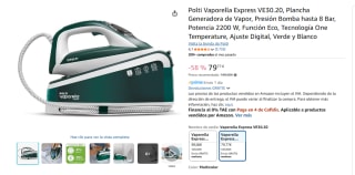 Polti Vaporella Express VE30.20, Plancha Generadora de Vapor, Presión Bomba hasta 8 Bar, Potencia 2200 W por 79,77€