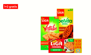 Liga BelVita koekjes sandwich yoghurt aardbei 1 + 2 gratis bij Hoogvliet