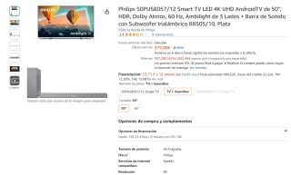 Smart TV LED 4K marca Philips modelo 50PUS8057/12 + Barra de Sonido con Subwoofer Inalámbrico B8505/10, Plata sólo 379€