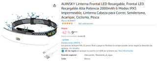 Linterna Frontal LED Recargable de 2000mAh y 6 modos por 9.99€
