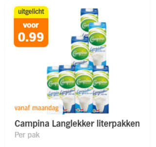 Campina Langlekker literpakken voor €099 bij de AH in België