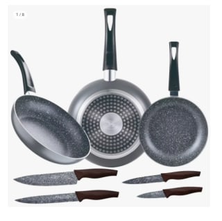 San Ignacio Set 3 sartenes (16+20+24cm) aluminio prensado, Soul Marble + 4 cuchillos acero inoxidable por 17.81€