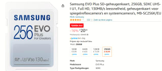 Samsung EVO Plus 256GB SD Kaart SDXC UHS-I U3 130MB/s Full HD & 4K UHD geheugenkaart voor €20,99 bij Amazon