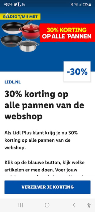 30% korting op alle pannen via de Lidl Plus app