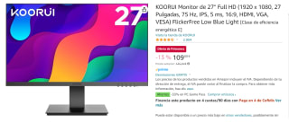 Monitor de 27" KOORUI Full HD (1920 x 1080, 27 Pulgadas, 75 Hz, IPS, 5 ms, 16:9, HDMI, VGA, VESA) FlickerFree Low Blue Light por 109€