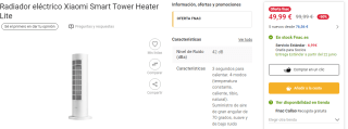 Radiador eléctrico Xiaomi Smart Tower Heater Lite por 49,99€
