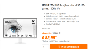 MSI MP273AWDE monitor - FHD IPS-paneel, voor €82,99 bij Nbb