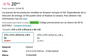 Funda impermeable para muebles de jardín YITAHOME 215x215x87cm por 12,59€