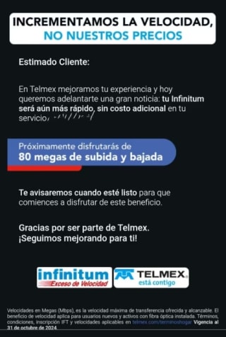 80 Megas Simétrico en Paquete por $389/mes en Telmex