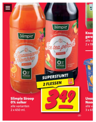 Alle Slimpie siroop, 2 flessen 650ml. voor €3,49 bij Nettorama